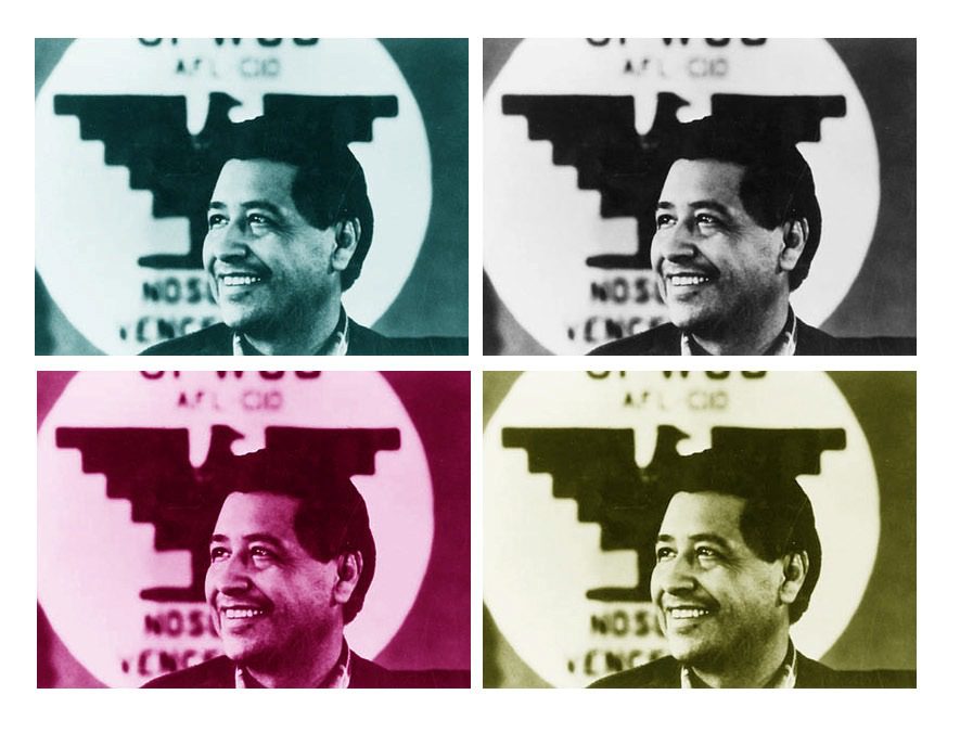 This picture has 4 photos of Cesar Chavez smiling in front of a banner