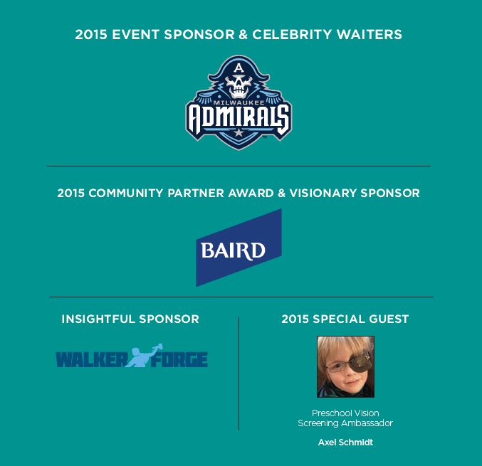 Banner showing the 2015 Prevent Blindness Sponsors like the Milwaukee Admirals, Baird, and Walker Forge