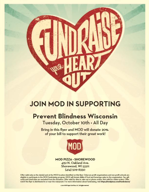 Flyer for Mod Pizza Fundraise your Heart out Event with Prevent Blindness