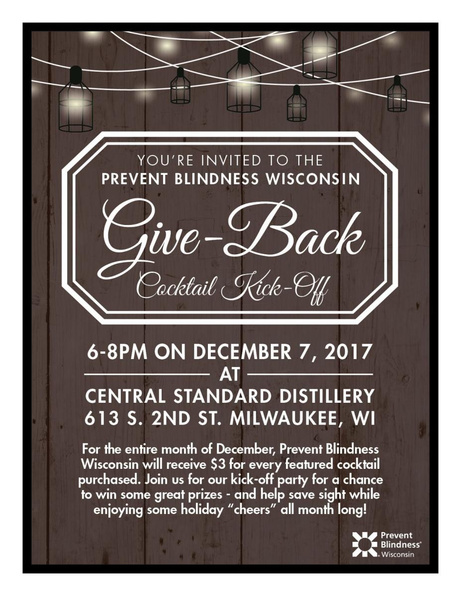 Promotional flyer for the Give Back Cocktail Kick-Off with Prevent Blindness Wisconsin
