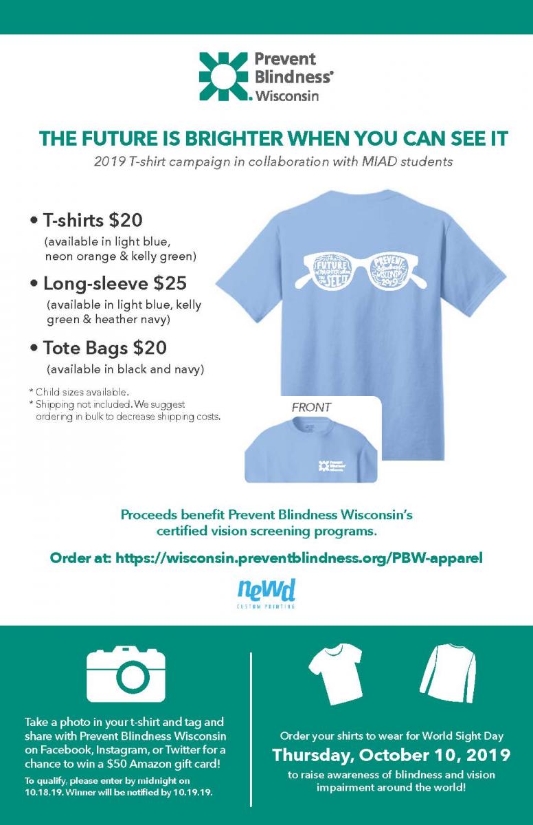Flyer that promotes the Prevent Blindness Merchandise showing a t-shirt with a sunglass logo on it