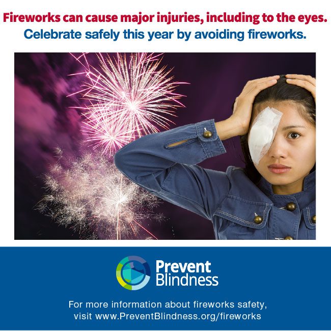 A banner by PreventBlindness.org displaying the dangers of fireworks to eye health