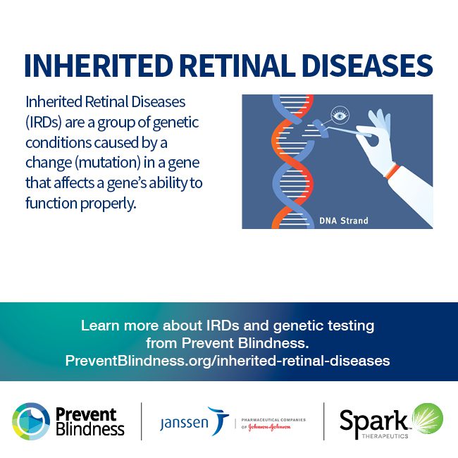 Inherited Retinal Diseases are a group of genetic conditions caused by a change in a gene that affect a gene's ability to function properly.
