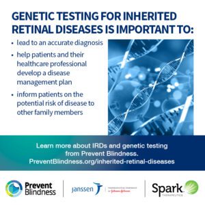 Genetic testing for inherited retinal diseases is important to lead to an accurate diagnosis and help patients and healthcare providers develop a disease management plan.