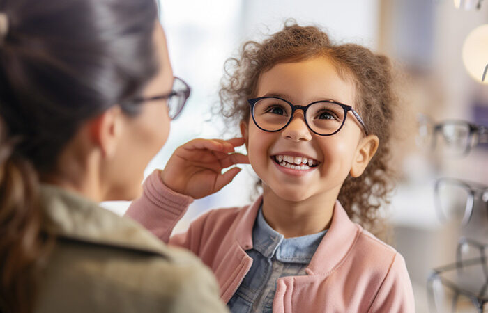 child getting first pair of glasses