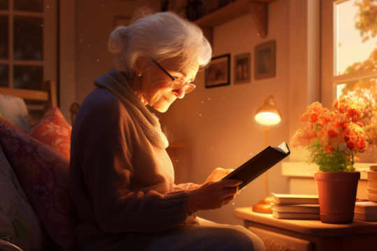 an elderly woman with glasses reading