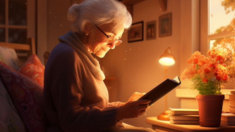 an elderly woman with glasses reading