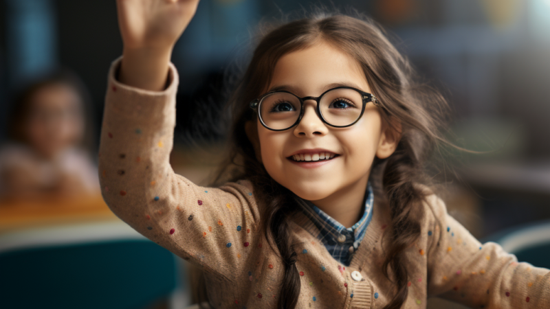 A young girl in school, wearing glasses