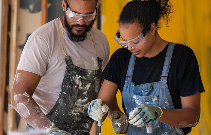 a couple doing home repairs wearing safety goggles to prevent eye injuries