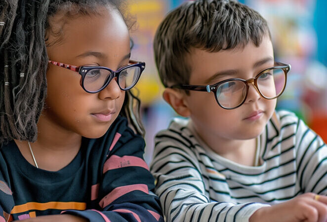 children with glasses reading