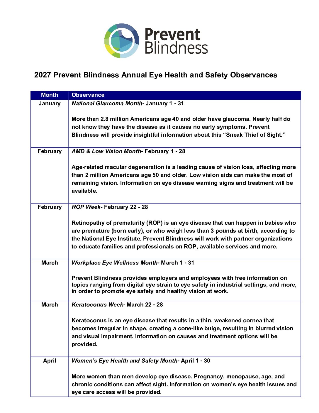 screenshot of page one of the 2027 Prevent Blindness Observance Calendar screenshot of page one of the 2027 Prevent Blindness Observance Calendar