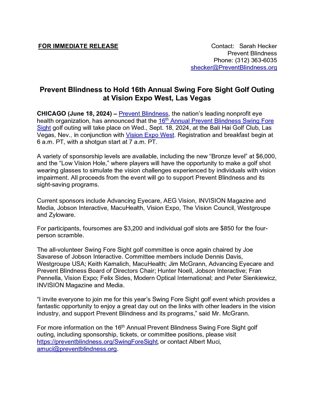 2024 Swing Fore Sight Golf Tournament – Media Release