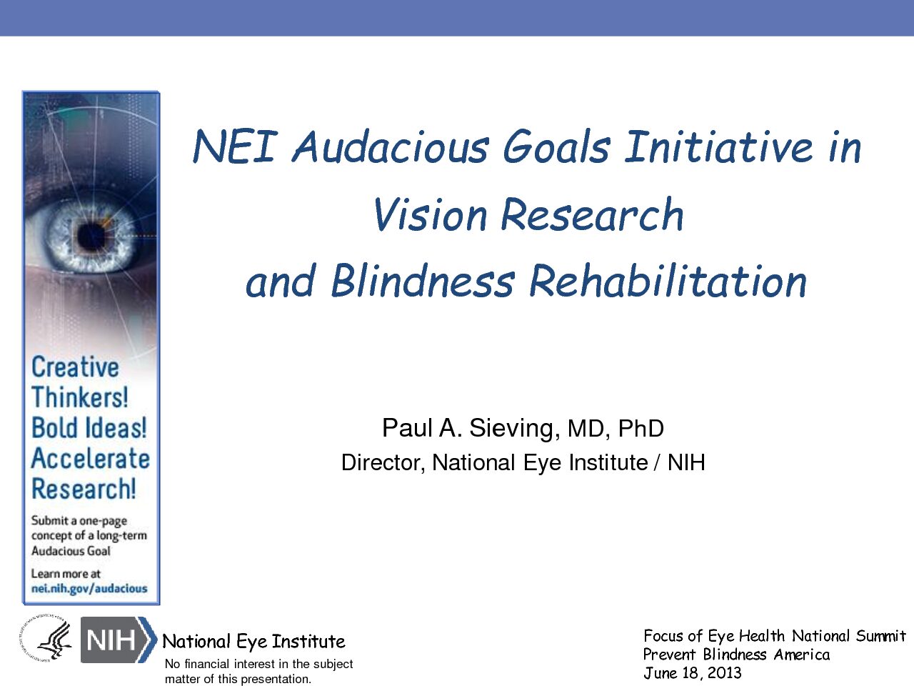 NEI Audacious Goals Initiative in Vision Research and Blindness Rehabilitation