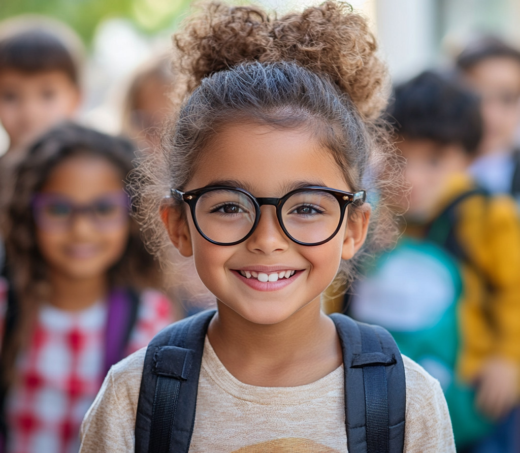 a child wearing glasses on her first day of school