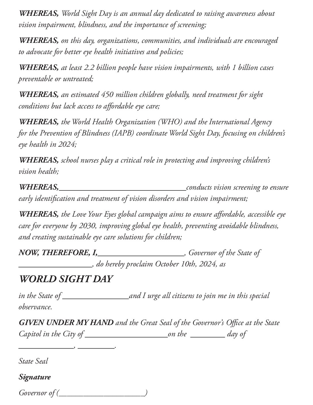 World Sight Day Proclamation