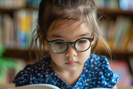 a child wearing glasses and reading