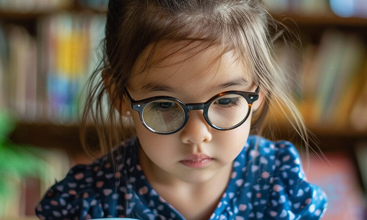 a child wearing glasses and reading