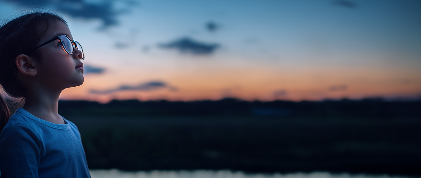 a girl wearing glasses looking at the night sky