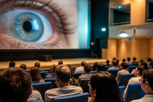 people in an auditorium watching a screen