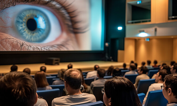 people in an auditorium watching a screen