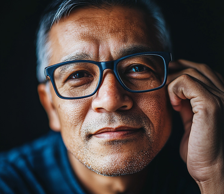 a man wearing glasses, living with diabetes