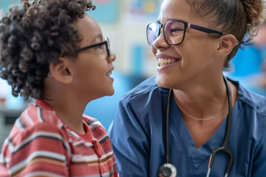 School nurse and child wearing glasses