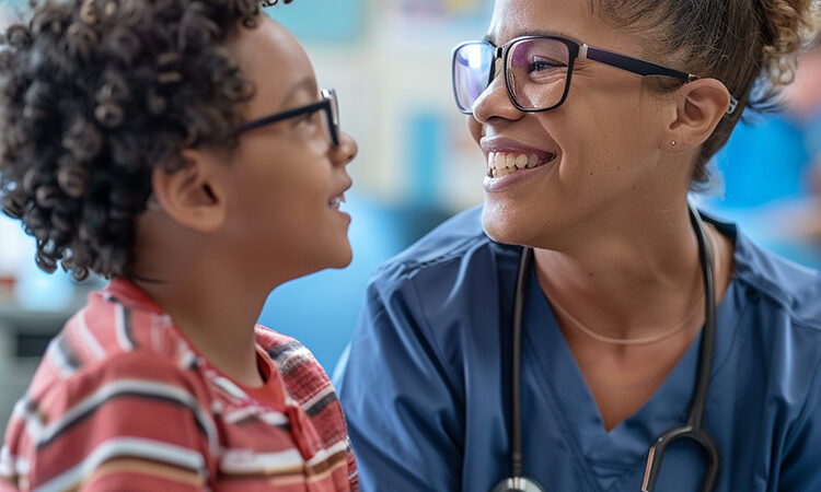 School nurse and child wearing glasses