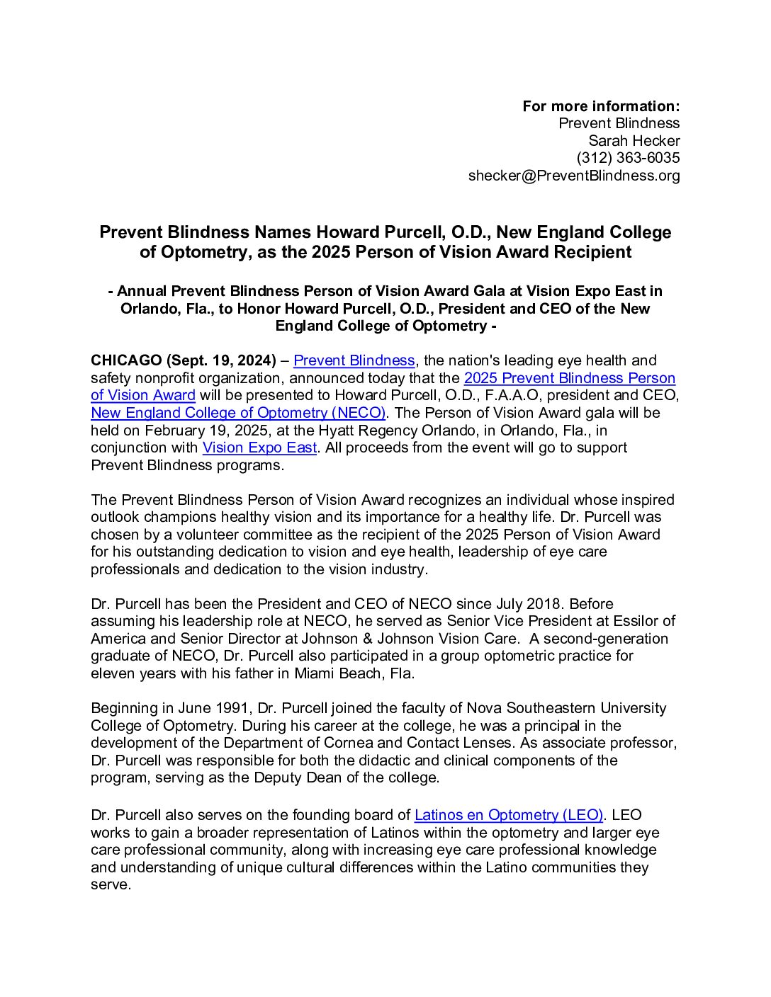 Prevent Blindness Names Howard Purcell, O.D., New England College of Optometry, as the 2025 Person of Vision Award Recipient