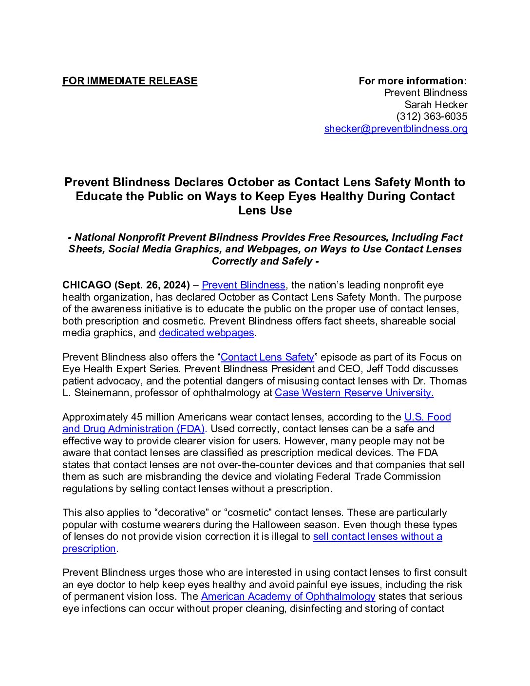 Prevent Blindness Declares October as Contact Lens Safety Month to Educate the Public on Ways to Keep Eyes Healthy During Contact Lens Use