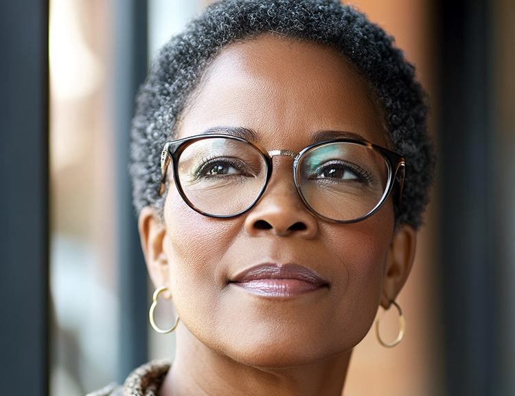 a middle aged woman wearing glasses