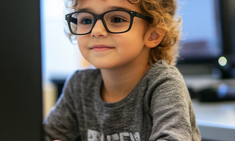 a child wearing glasses, working on a computer at school