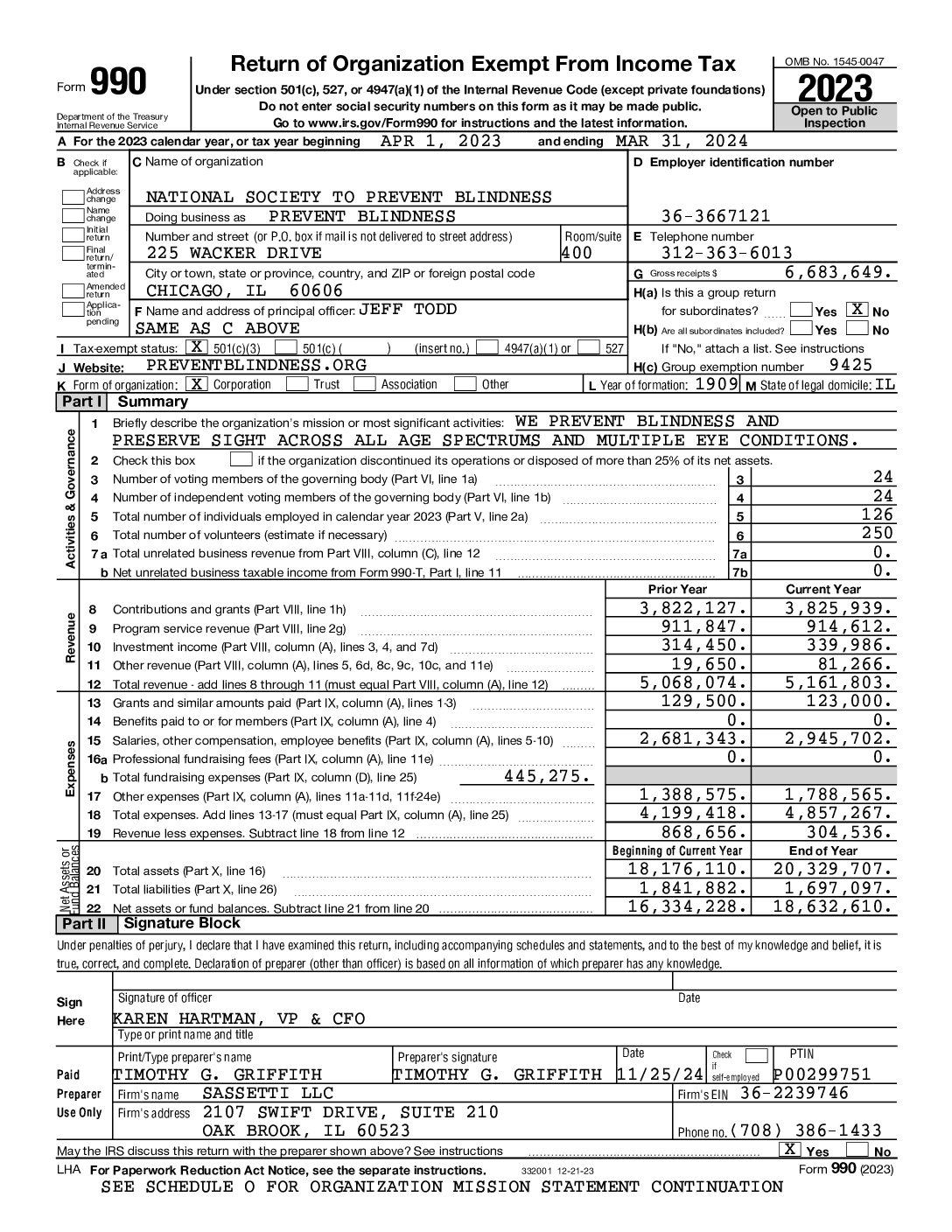 Prevent Blindness 2023 Form 990