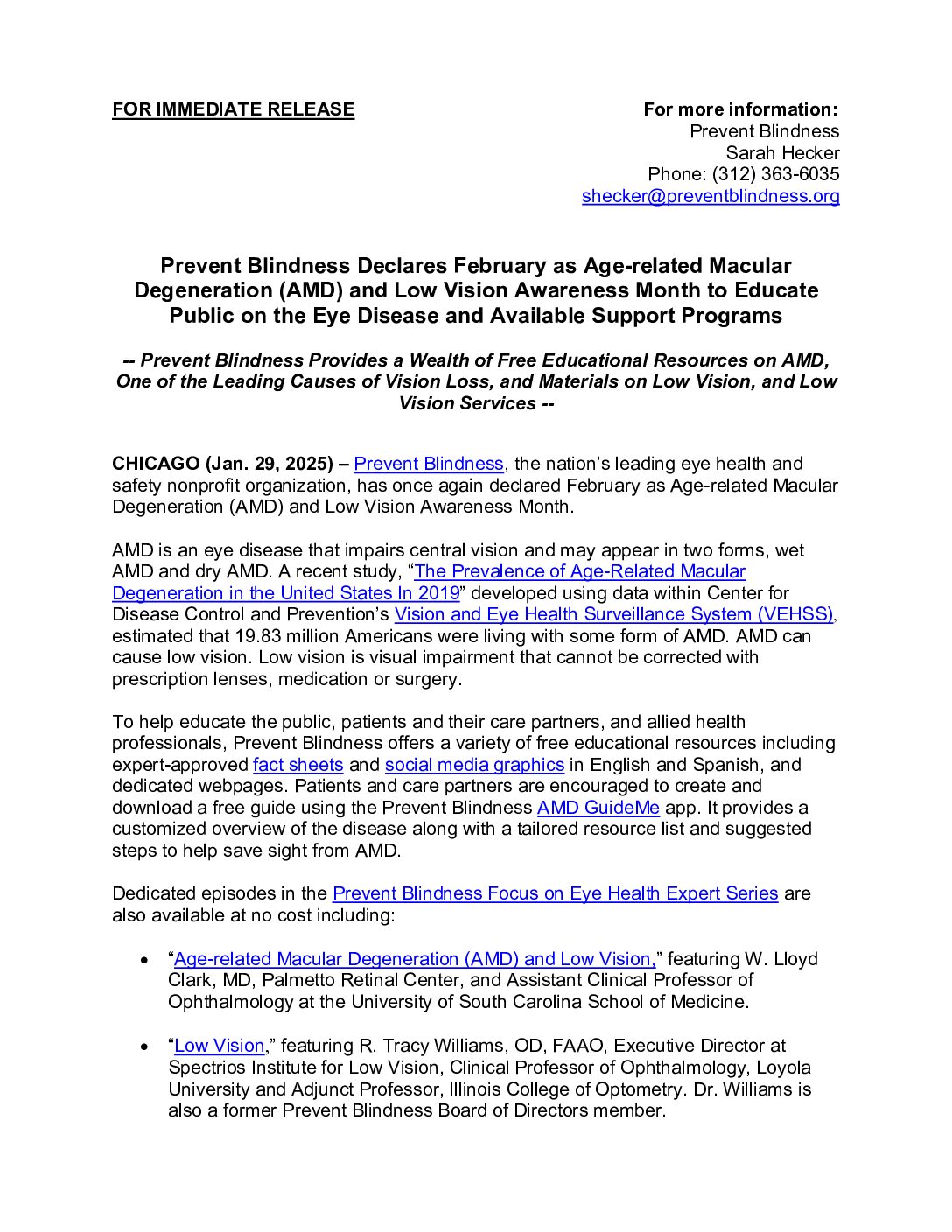 2025 Age-related Macular Degeneration and Low Vision Awareness Month  Media Release