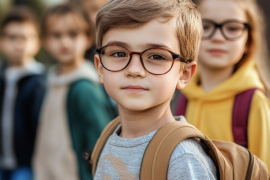 a school child with glasses and a backpack