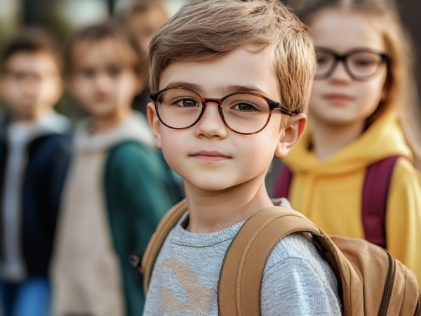 a school child with glasses and a backpack