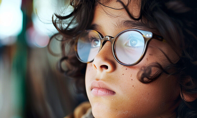 a boy wearing glasses