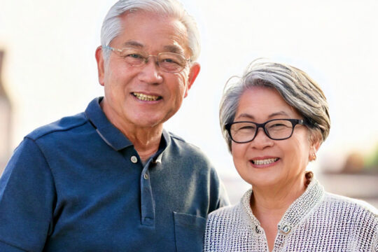an active senior couple wearing glasses