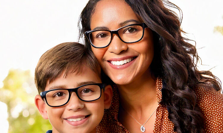 a mother and child wearing glasses