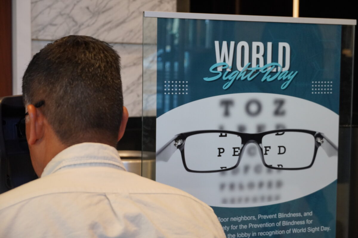 A vision screening participant at the screening device.