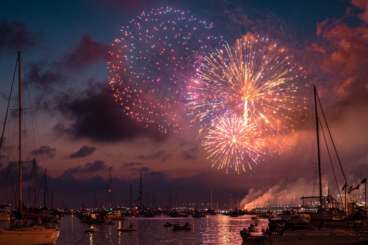 a professional fireworks display over water
