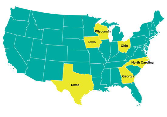 US Map highlighting Wisconsin, Iowa, Ohio, Texas, North Carolina, and Georgia