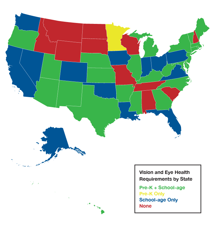 Children's vision screening requiremenents by state map