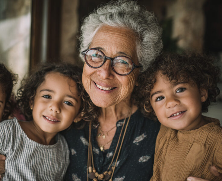 a senior woman wearing glasses with her grandchildren