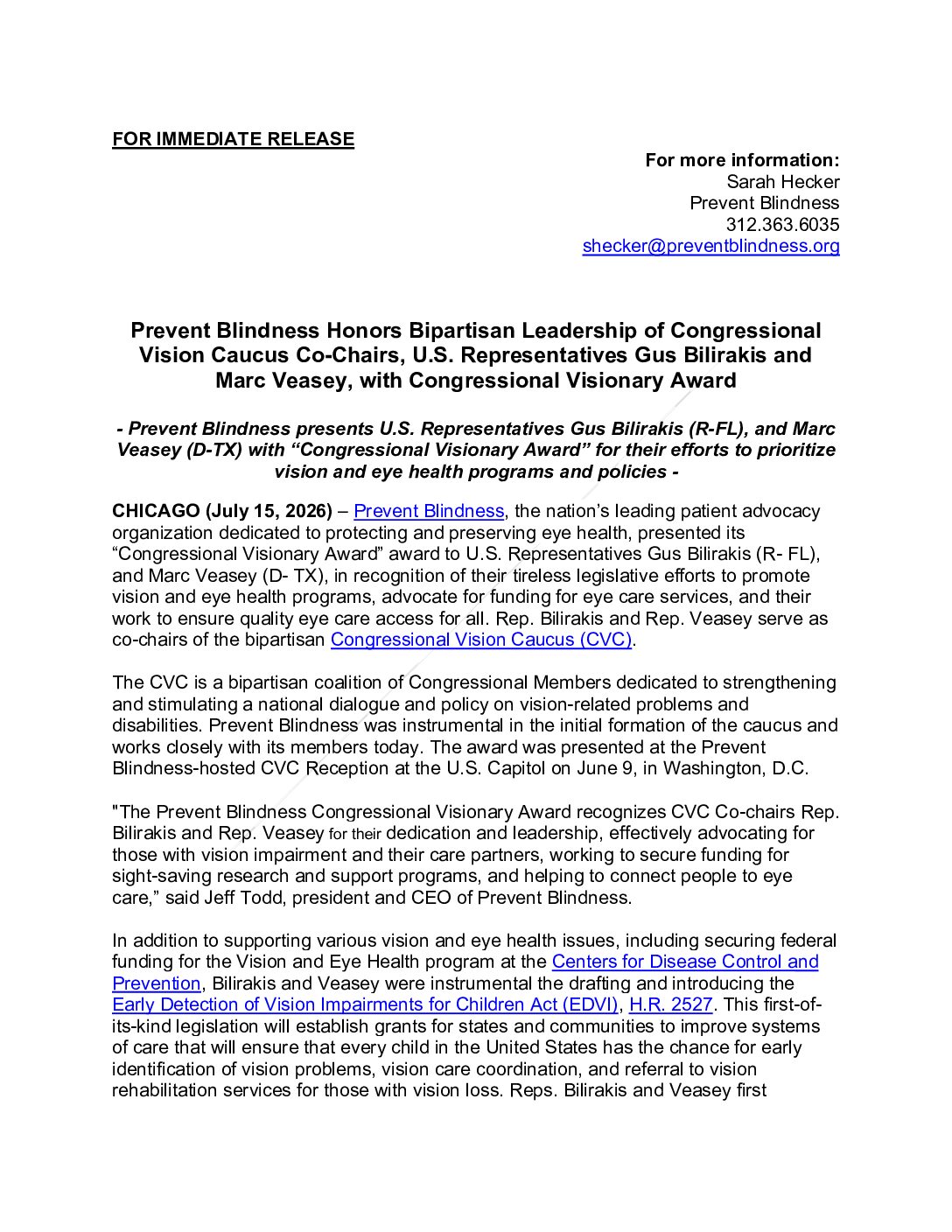 Congressional Visionary Award media release cover sheet Congressional Visionary Award media release cover sheet