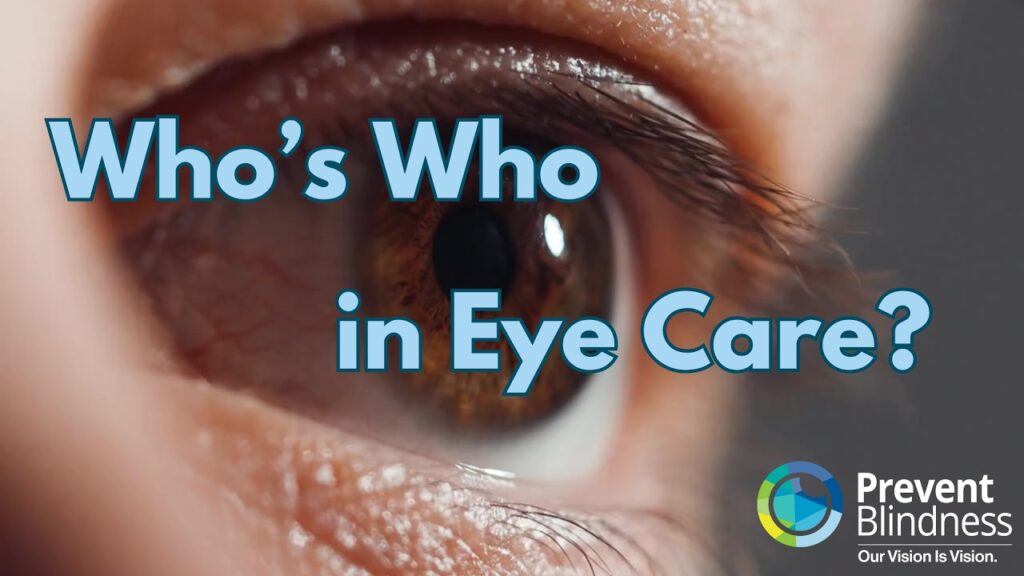 Extreme close-up of a human eye with overlaid text reading "Who's Who in Eye Care?" and the Prevent Blindness logo in the bottom right corner.