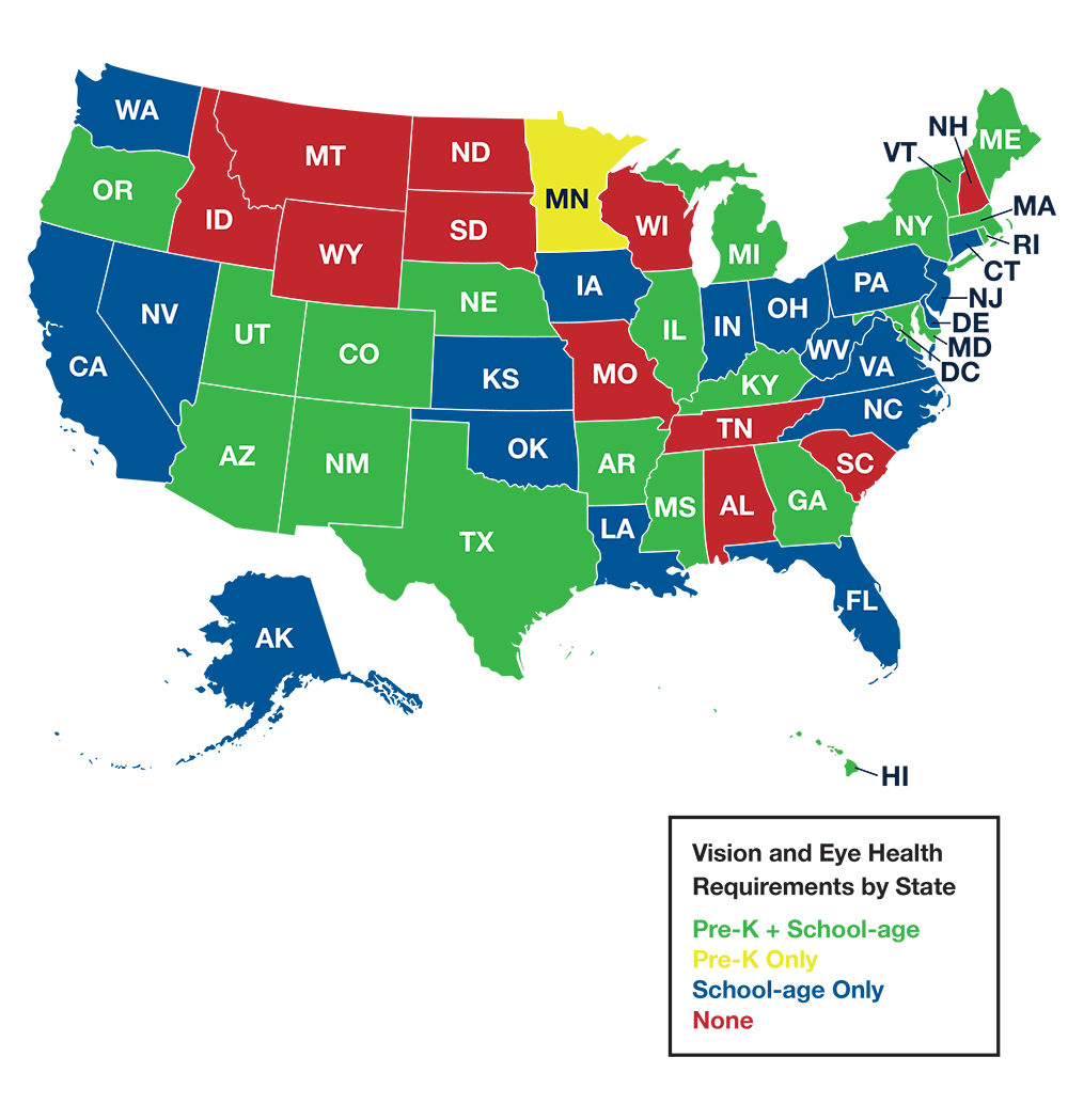 US Map of vision and eye health requirements by state