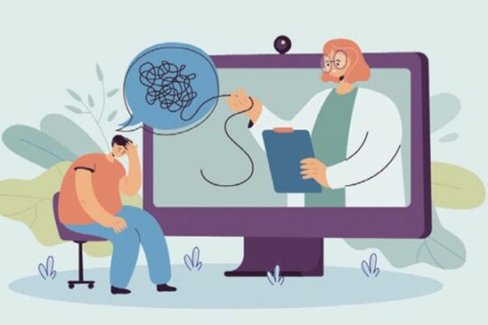 Vision loss and mental wellness. an illustration of an individual receiving therapy online.